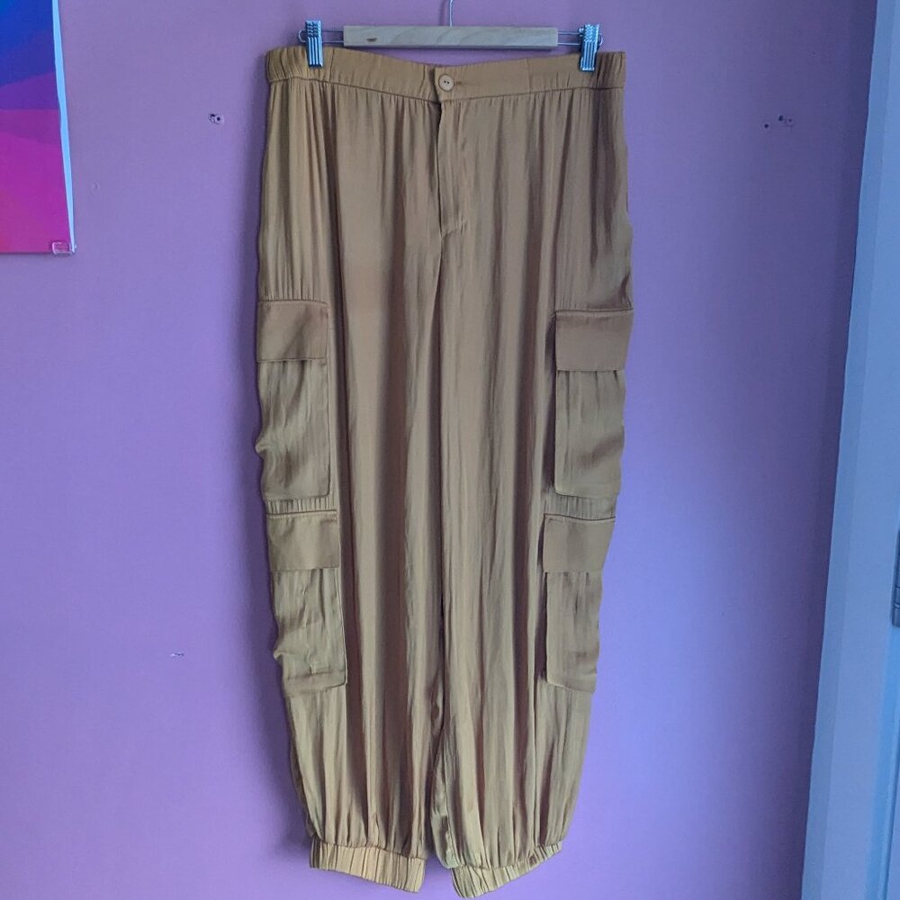 mustard satin cargo pants